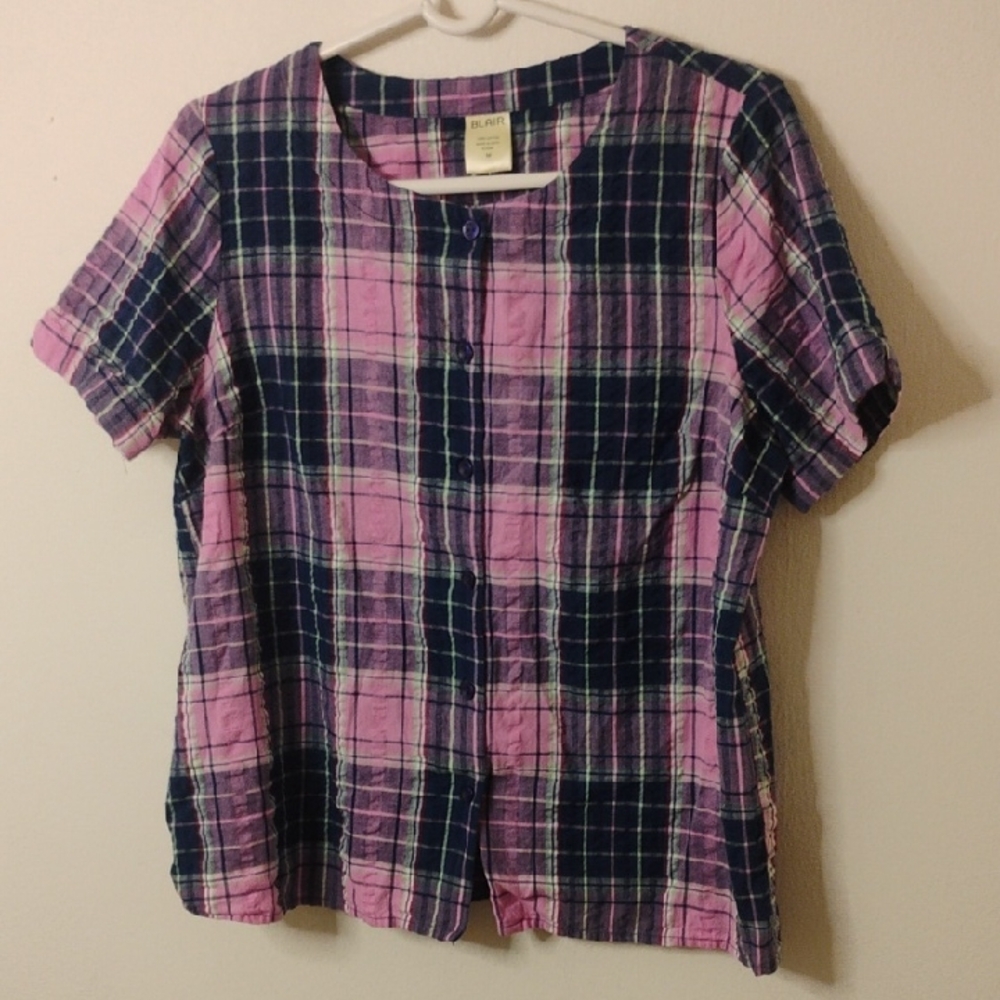 Blair Plaid Short Sleeve Button-Front Top Woman's Size Medium